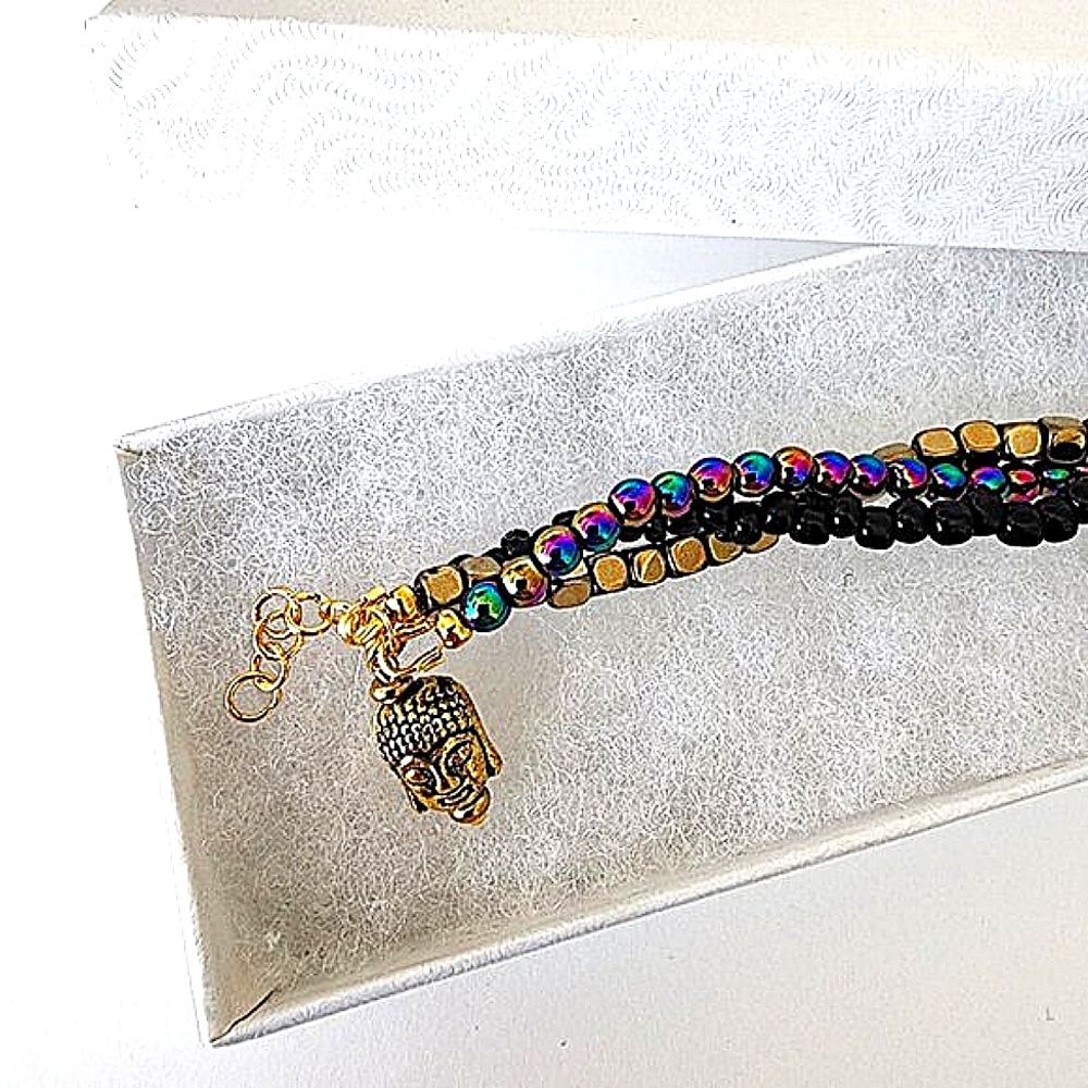 Hematite Buddha charm braided bracelet
